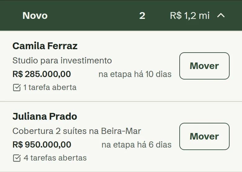 Negociações da etapa Novo, cada uma com o valor e o botão Mover.