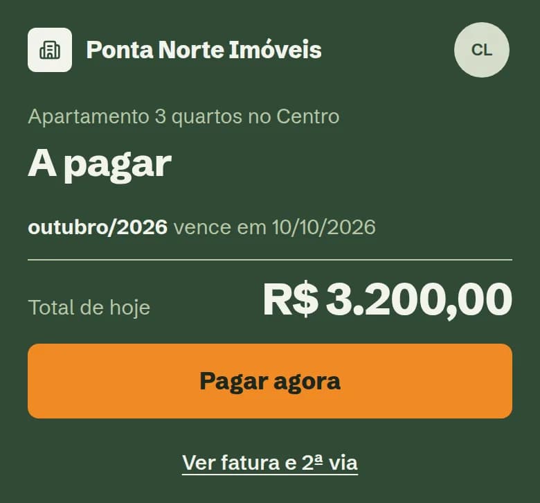 Portal do inquilino com o nome da imobiliária, a fatura de outubro dentro do prazo, o total de hoje e o botão para pagar.