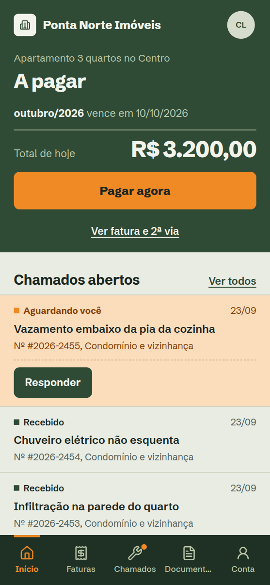 Portal do inquilino no celular, com a fatura de outubro, o total a pagar, o botão Pagar agora e os chamados abertos.
